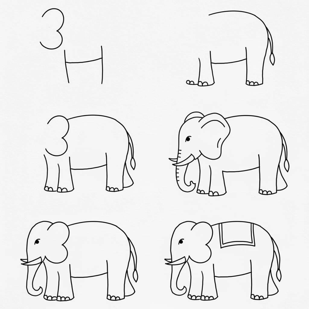 Desenho fácil de um elefante em etapas