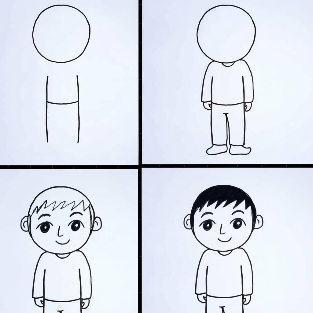 Desenho fácil de um menino em etapas