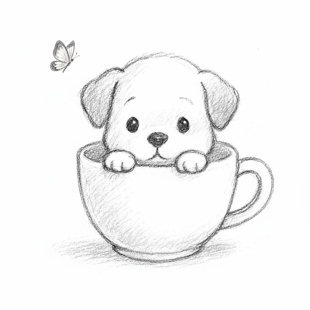 Desenho fofo de cachorro dentro de uma xícara para colorir