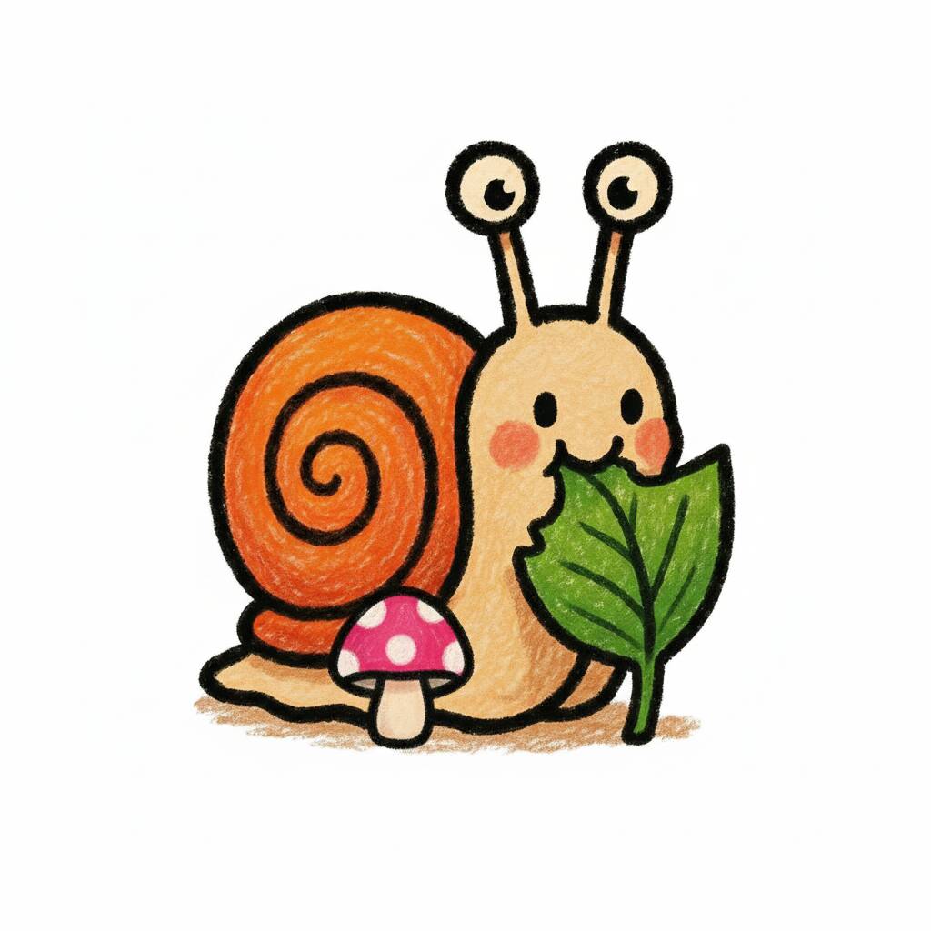 Desenho fofo de caracol com folha e cogumelo para colorir
