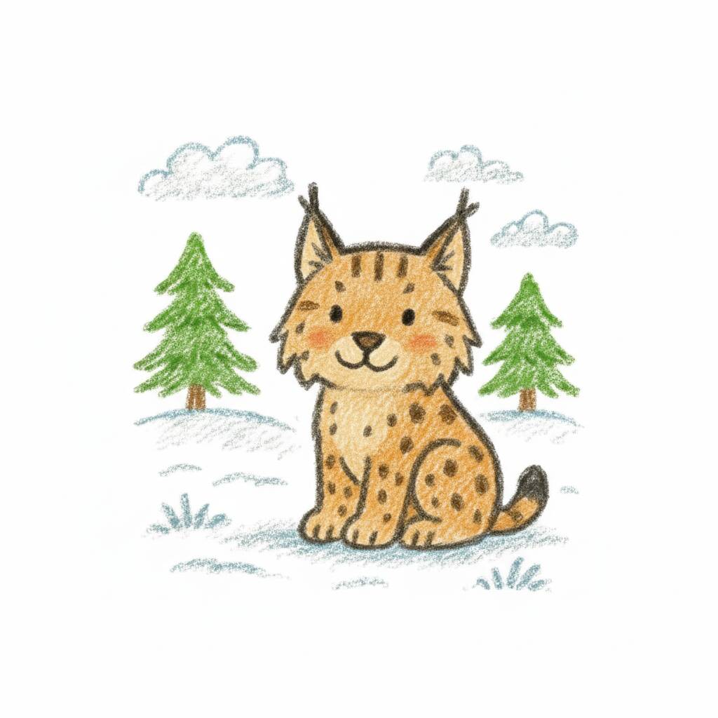 Desenho fofo de lince sentado em um cenário de inverno