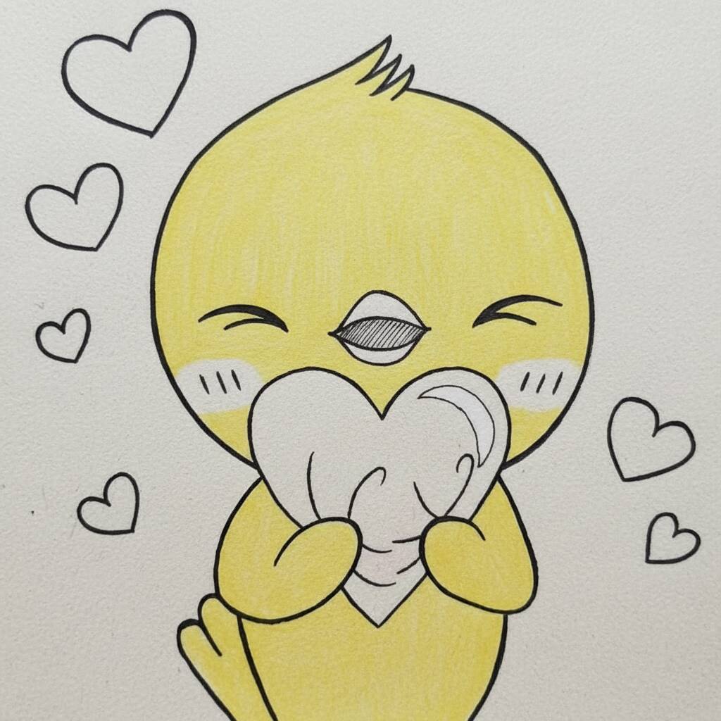 Desenho fofo de passarinho segurando coração