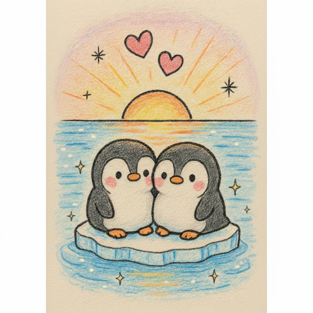 Desenho fofo de pinguins apaixonados ao pôr do sol