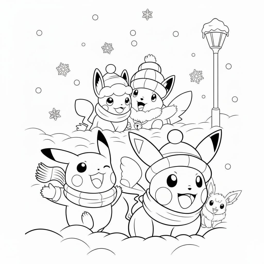 Desenho para colorir de Pikachu e Eevee em um cenário de inverno
