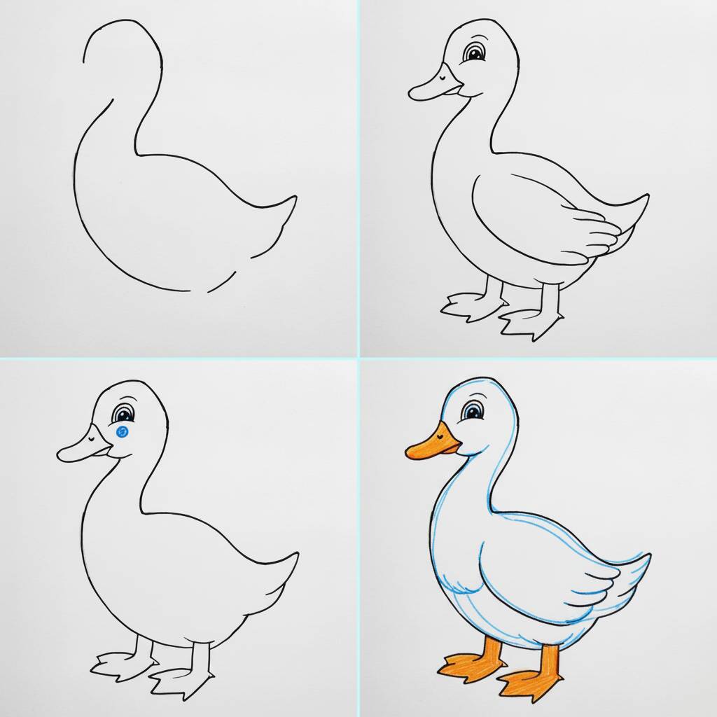 Desenho passo a passo de um pato para colorir