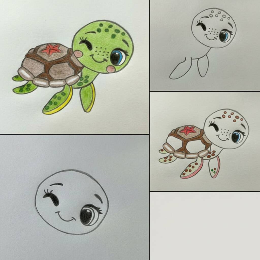 Desenho passo a passo de uma tartaruga colorida