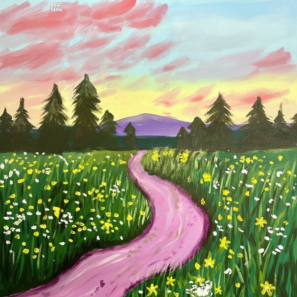 Desenho vibrante de campo com flores e caminho rosa