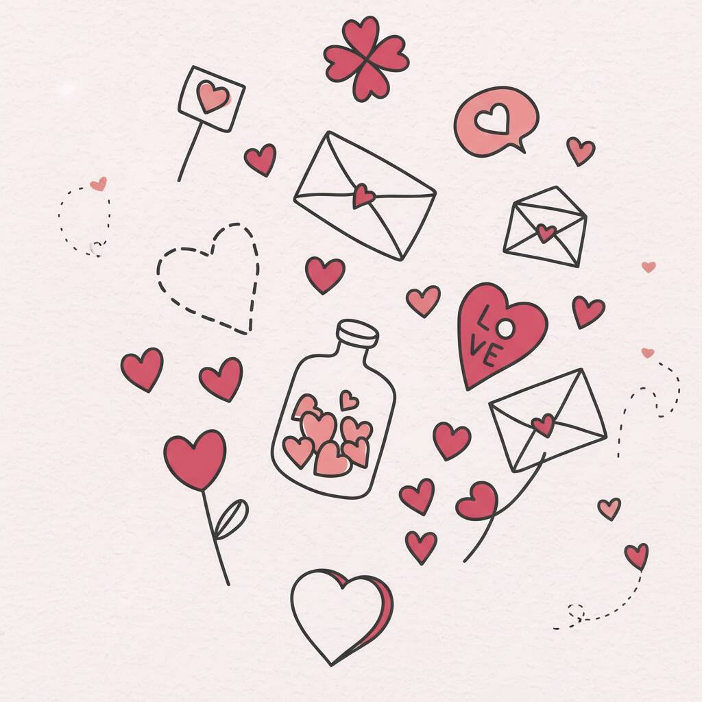 Desenhos de corações e cartas com tema de amor para colorir