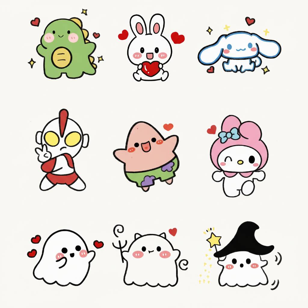 Desenhos de personagens fofos como dragão, coelho e fantasmas para colorir