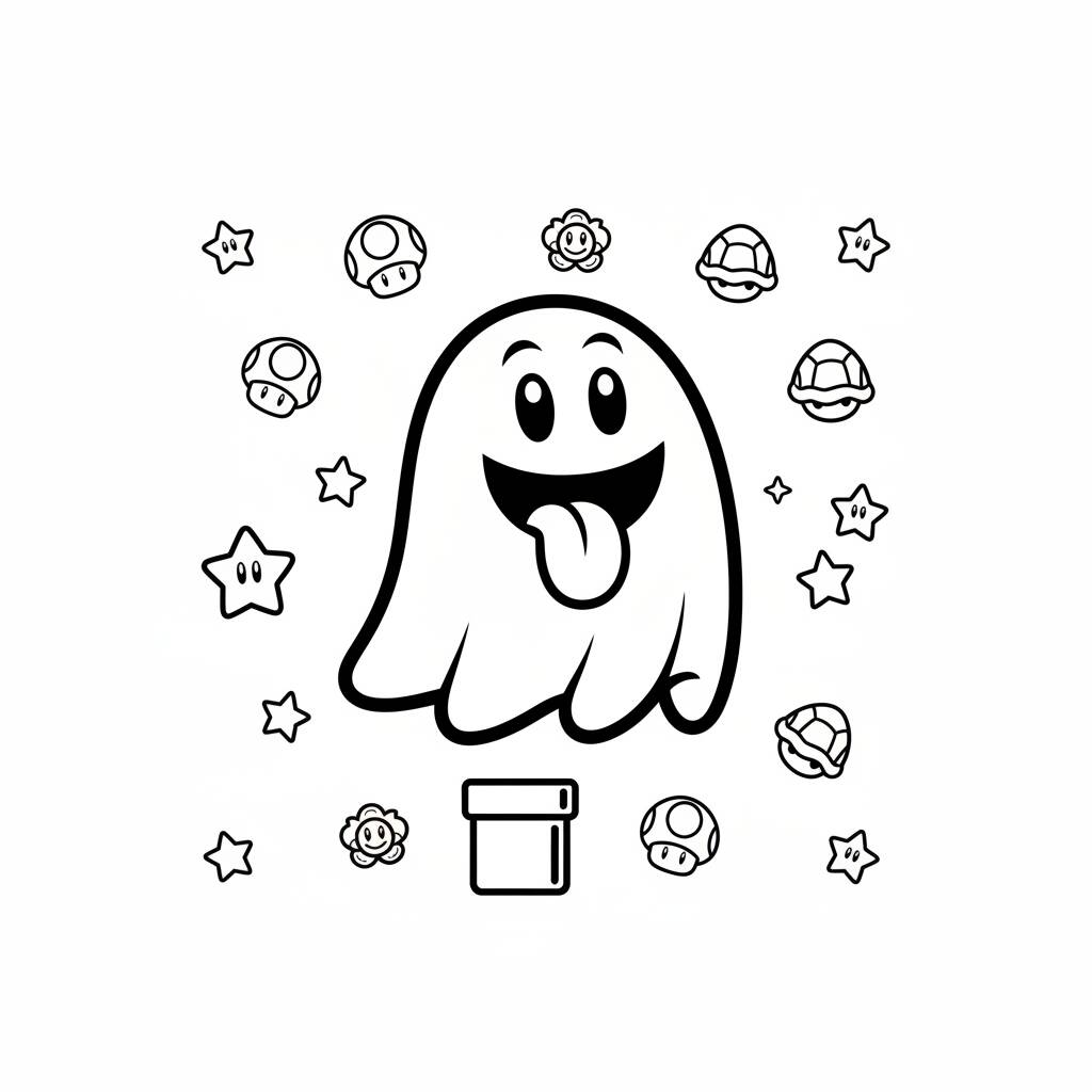 Super Mario ghost to color with stars and game items