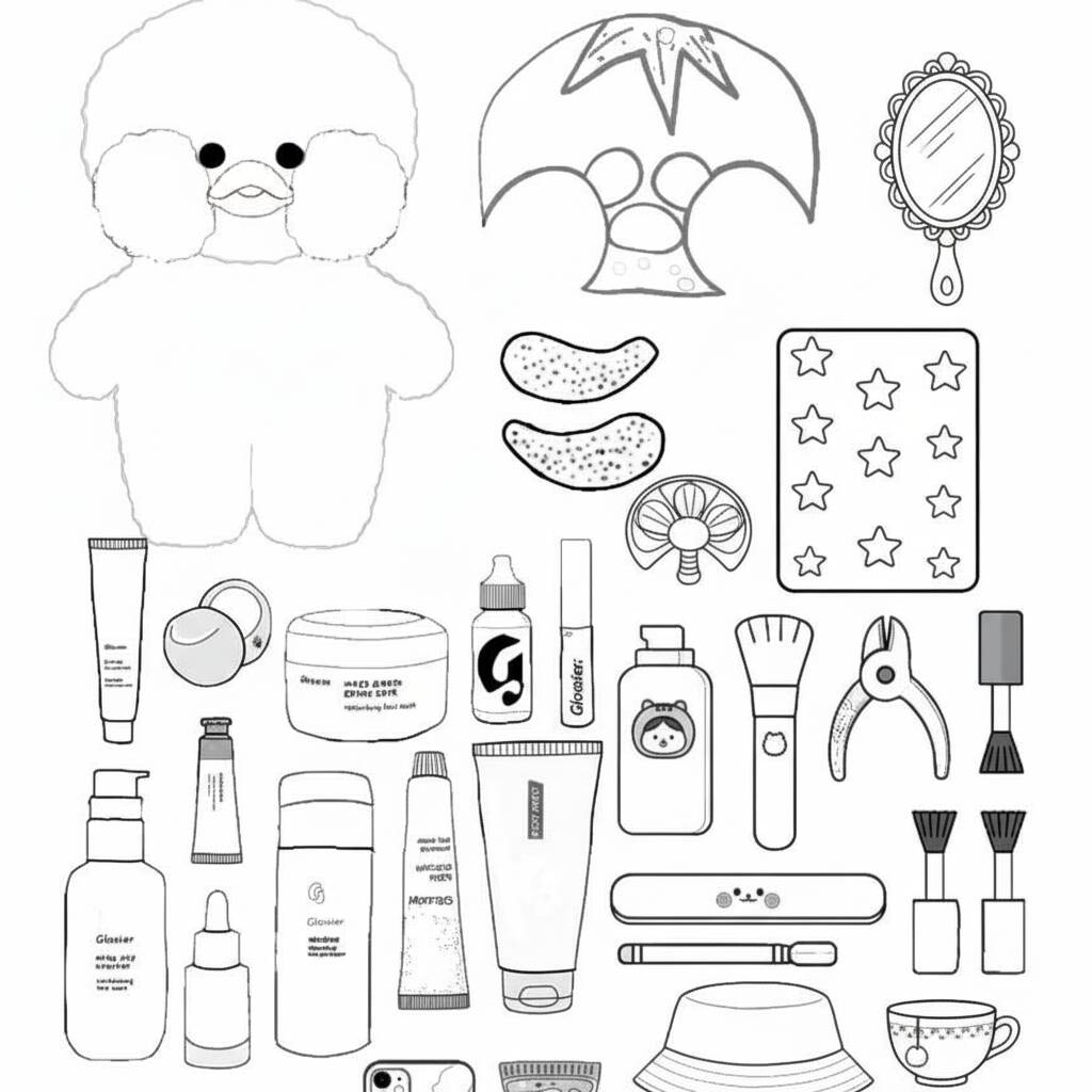 Paper Duck illustration with beauty items for coloring