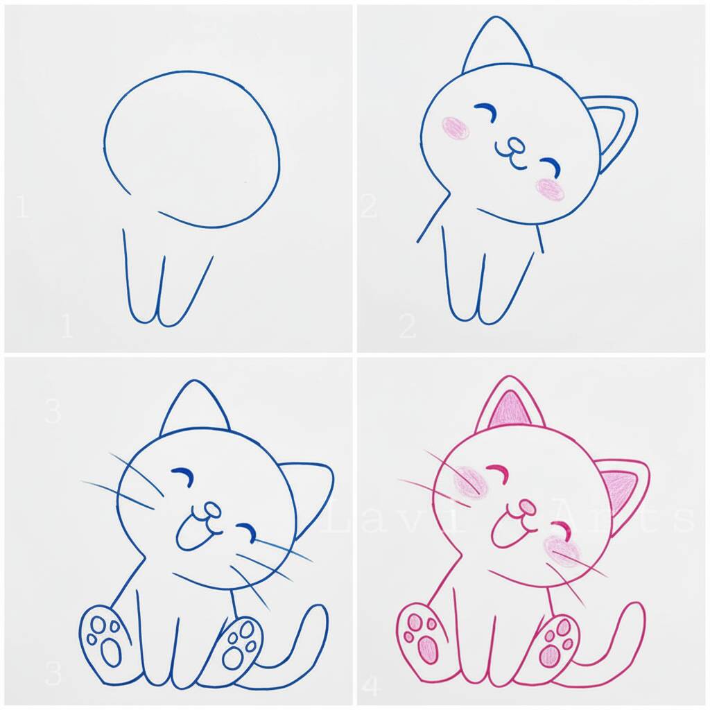 Ilustração passo a passo de como desenhar um gato fofinho