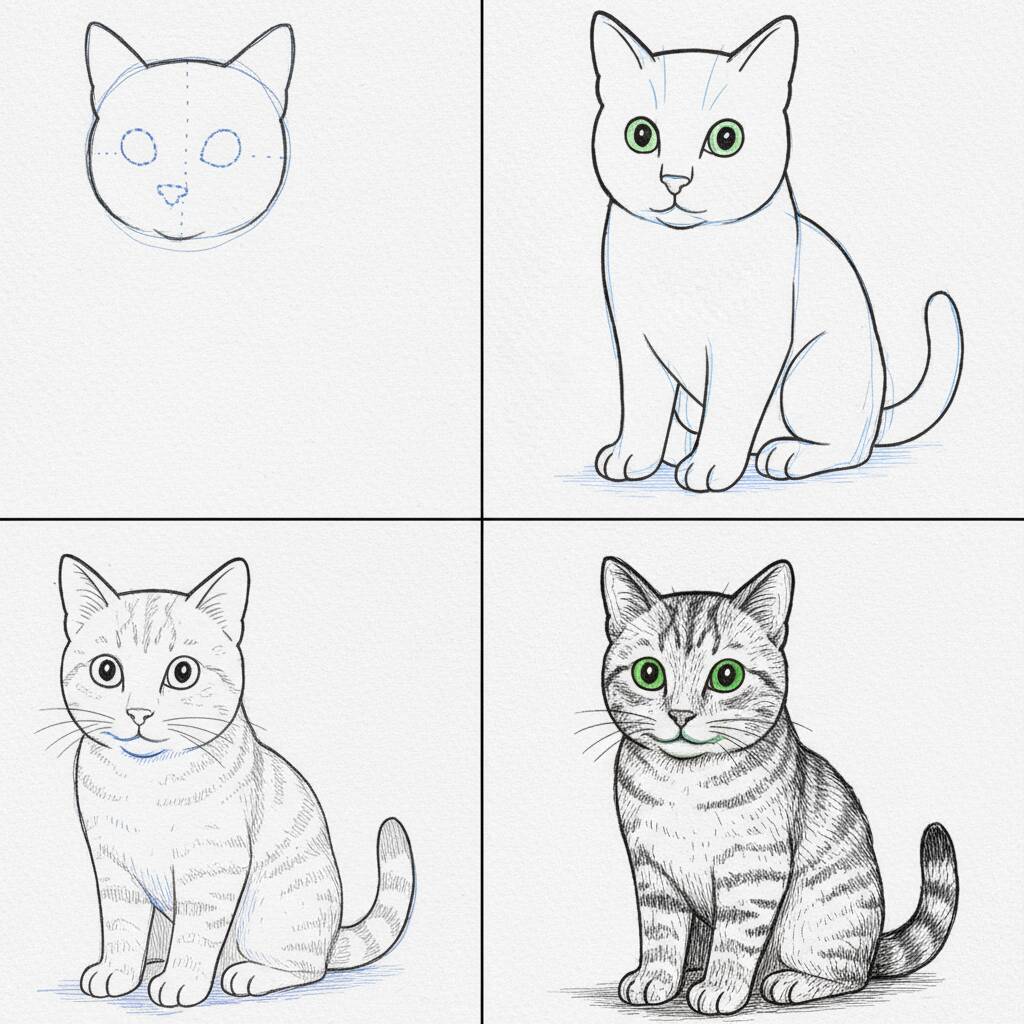 Ilustração passo a passo de como desenhar um gato