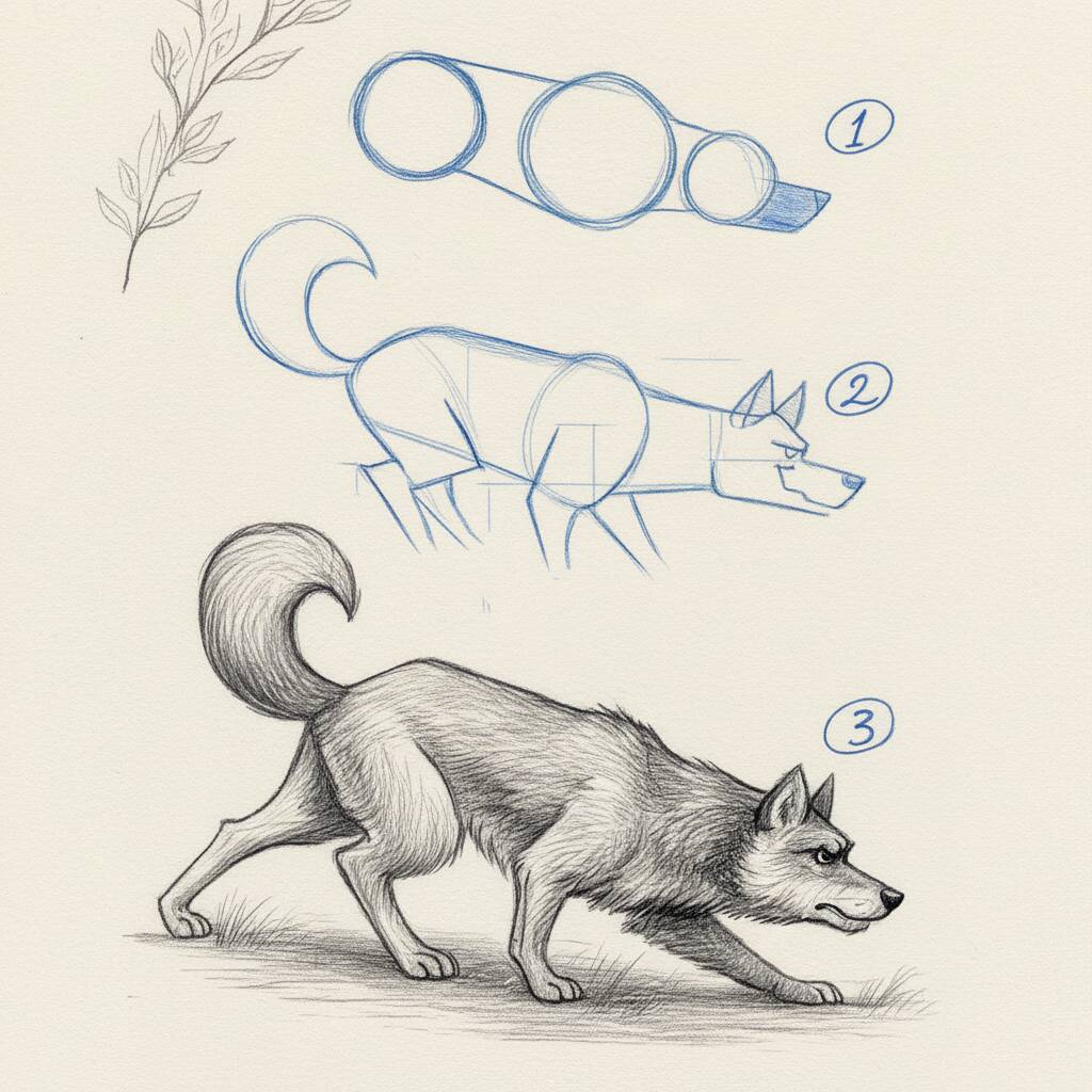 Ilustração passo a passo de como desenhar um lobo