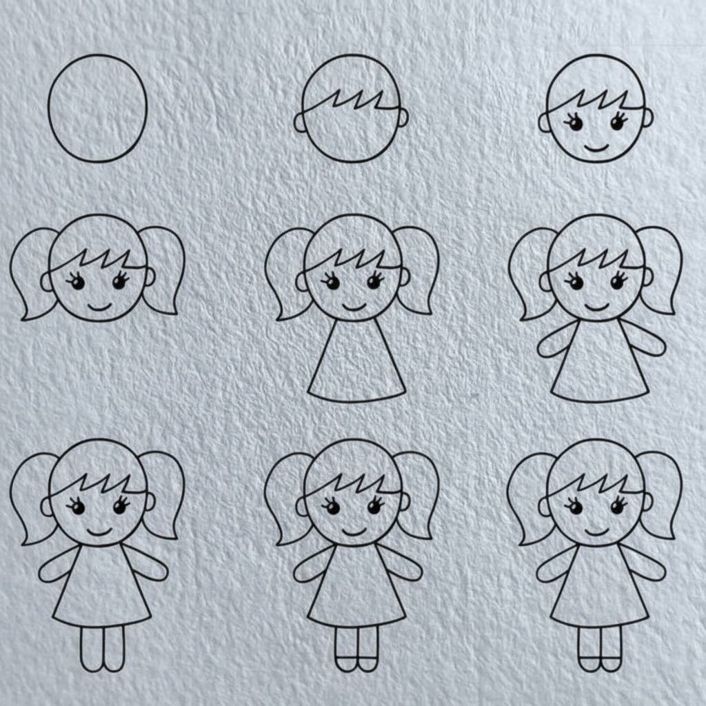 Ilustração passo a passo de como desenhar uma menina