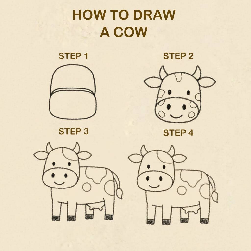 Ilustração passo a passo para desenhar uma vaca de forma fácil