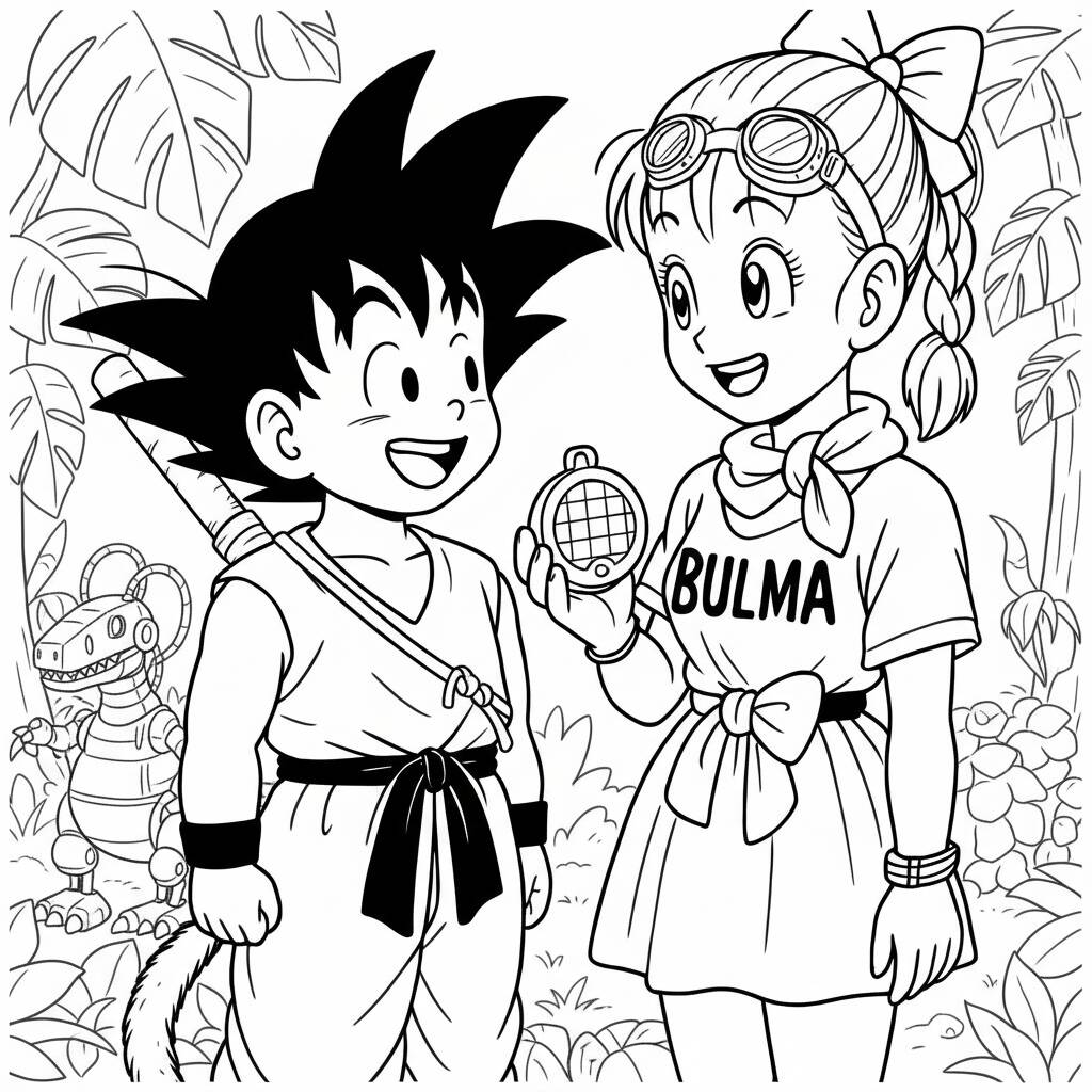 Imagem para colorir do Goku e Bulma em um cenário divertido