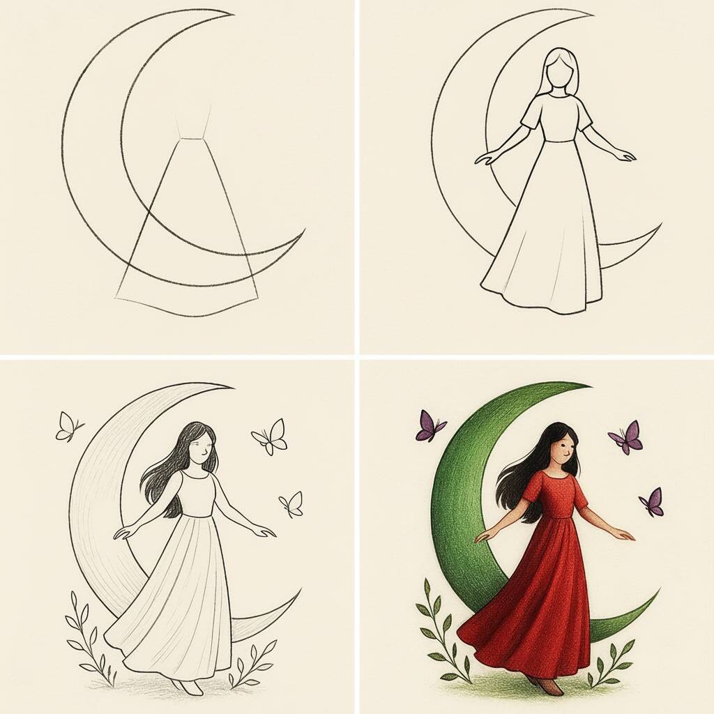 Menina dançando com a lua e borboletas em um desenho fácil para colorir