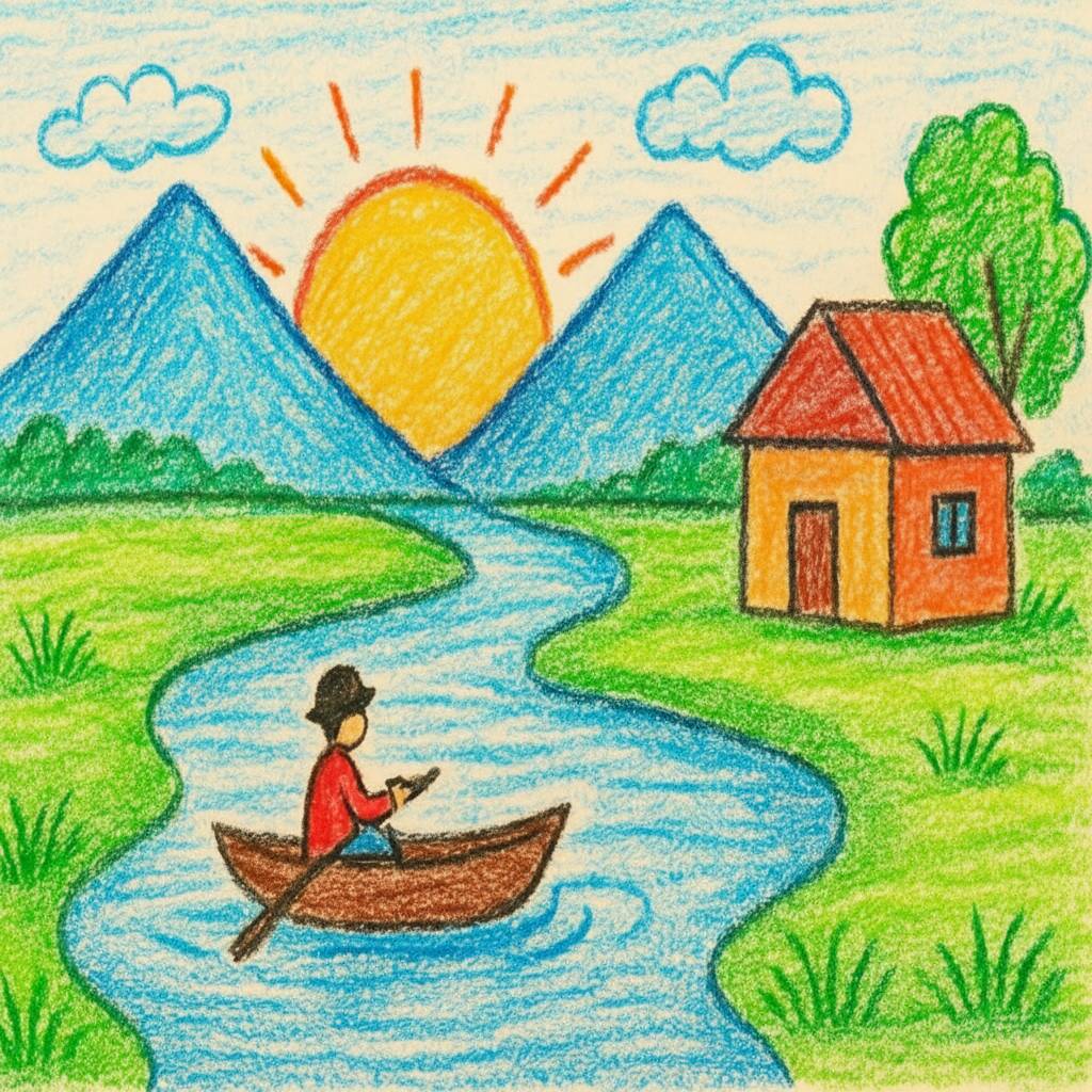 Paisagem para desenhar com um barco no rio, montanhas ao fundo e uma casa